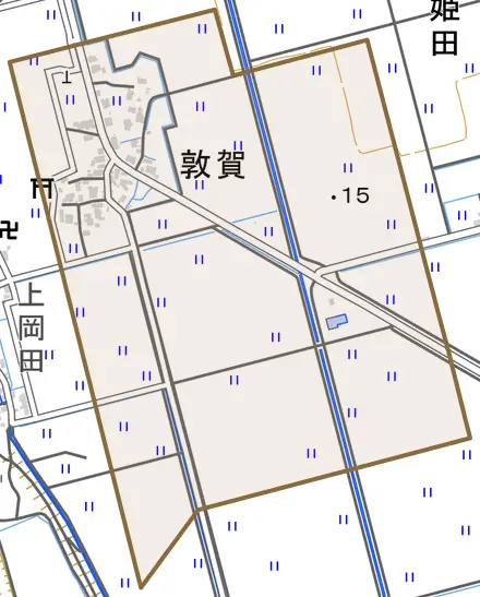 敦賀とその周辺の地図。町の範囲を重ねている