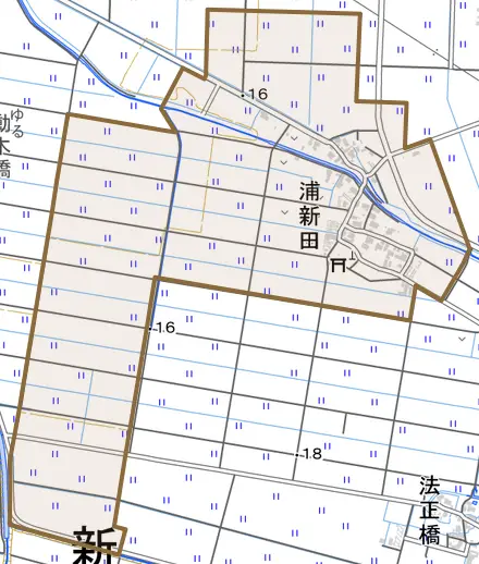 浦新田とその周辺の地図。町の範囲を重ねている