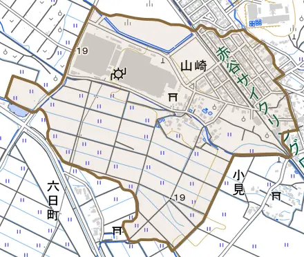 山崎とその周辺の地図。町の範囲を重ねている
