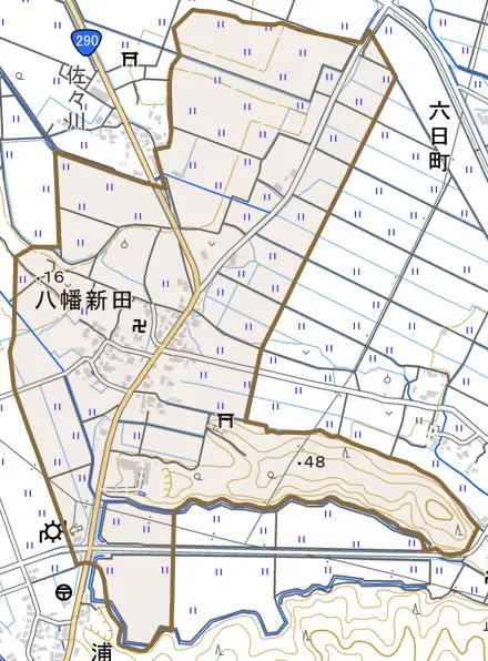八幡新田とその周辺の地図。町の範囲を重ねている