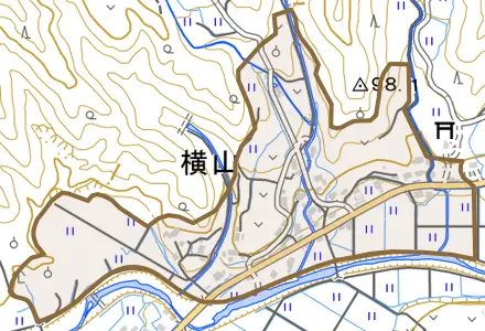 横山とその周辺の地図。町の範囲を重ねている
