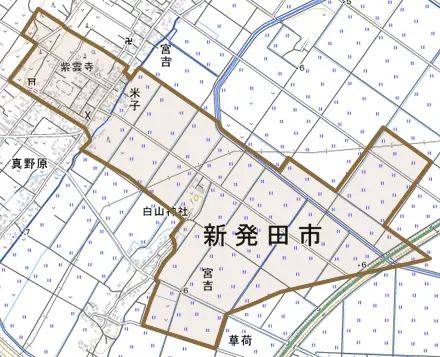 米子とその周辺の地図。町の範囲を重ねている