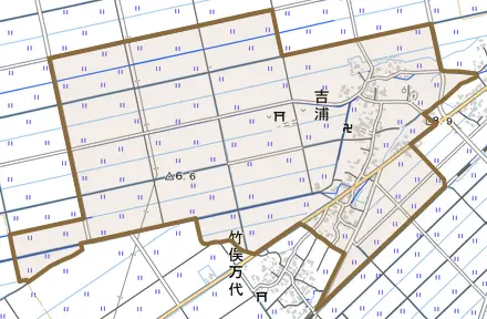 吉浦とその周辺の地図。町の範囲を重ねている