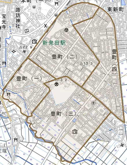 豊町とその周辺の地図。町の範囲を重ねている