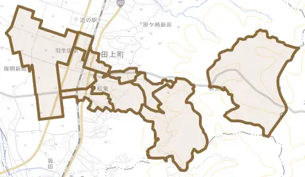 大字羽生田とその周辺の地図。町の範囲を重ねている