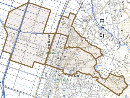 大字原ケ崎新田とその周辺の地図。町の範囲を重ねている