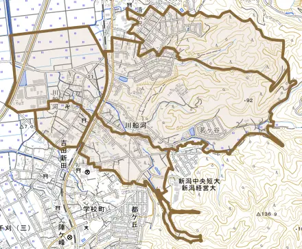 大字川船河とその周辺の地図。町の範囲を重ねている