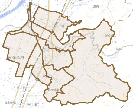 大字田上とその周辺の地図。町の範囲を重ねている