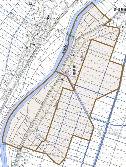 大字横場新田とその周辺の地図。町の範囲を重ねている