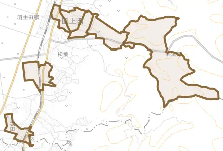 大字吉田新田とその周辺の地図。町の範囲を重ねている