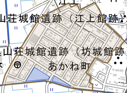 あかね町とその周辺の地図。町の範囲を重ねている