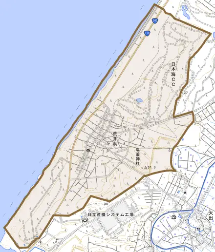 荒井浜とその周辺の地図。町の範囲を重ねている