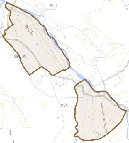 熱田坂とその周辺の地図。町の範囲を重ねている