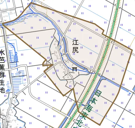 江尻とその周辺の地図。町の範囲を重ねている