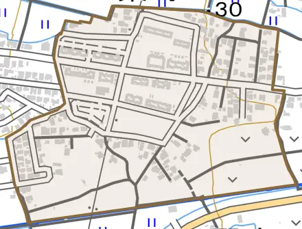 二葉町とその周辺の地図。町の範囲を重ねている
