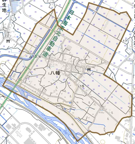 八幡とその周辺の地図。町の範囲を重ねている