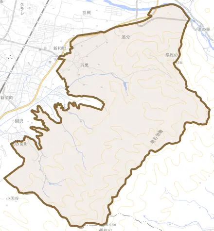 羽黒とその周辺の地図。町の範囲を重ねている