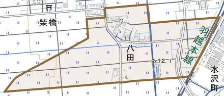 八田とその周辺の地図。町の範囲を重ねている