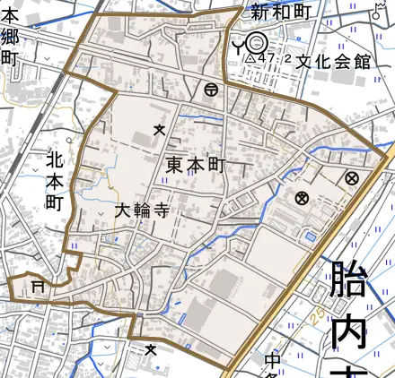 東本町とその周辺の地図。町の範囲を重ねている