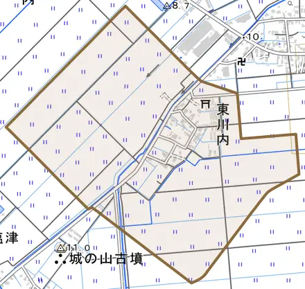 東川内とその周辺の地図。町の範囲を重ねている
