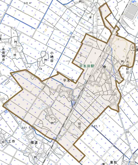 平木田とその周辺の地図。町の範囲を重ねている