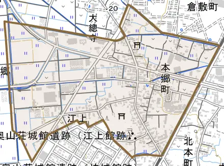 本郷町とその周辺の地図。町の範囲を重ねている