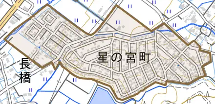 星の宮町とその周辺の地図。町の範囲を重ねている