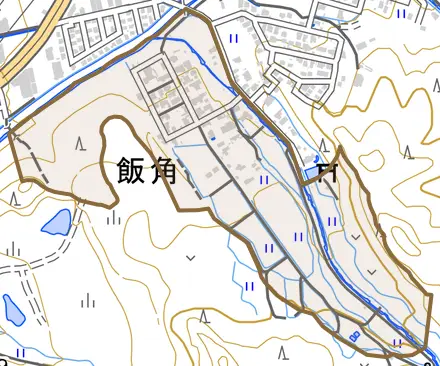 飯角とその周辺の地図。町の範囲を重ねている