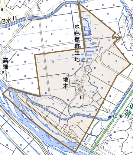 地本とその周辺の地図。町の範囲を重ねている