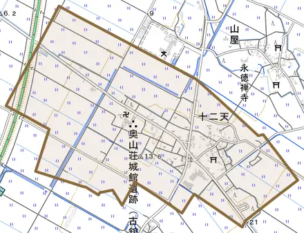 十二天とその周辺の地図。町の範囲を重ねている