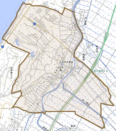乙とその周辺の地図。町の範囲を重ねている