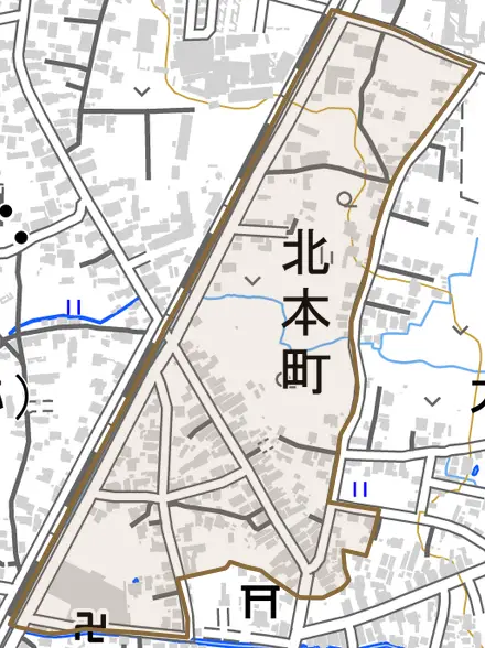 北本町とその周辺の地図。町の範囲を重ねている