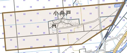 小舟戸とその周辺の地図。町の範囲を重ねている
