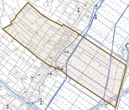 苔実とその周辺の地図。町の範囲を重ねている