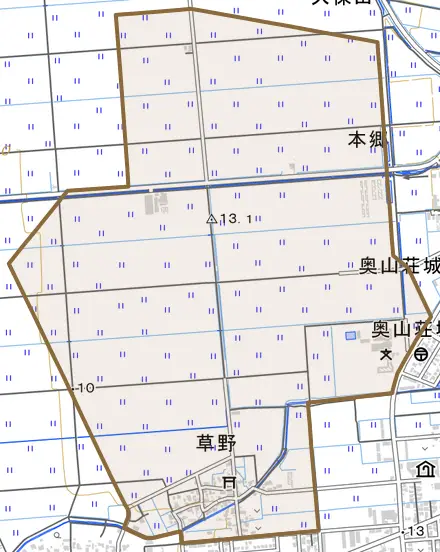 草野とその周辺の地図。町の範囲を重ねている