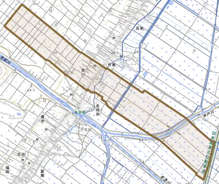 宮川とその周辺の地図。町の範囲を重ねている