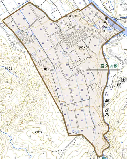 宮久とその周辺の地図。町の範囲を重ねている
