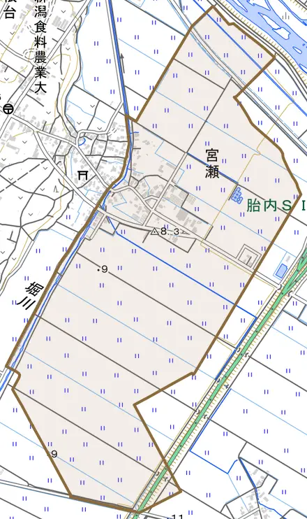 宮瀬とその周辺の地図。町の範囲を重ねている