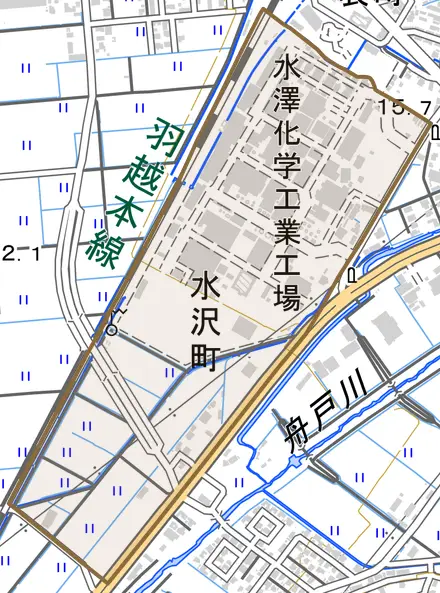 水沢町とその周辺の地図。町の範囲を重ねている
