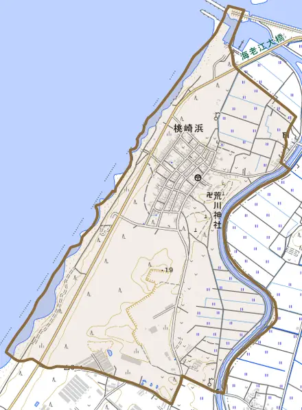桃崎浜とその周辺の地図。町の範囲を重ねている