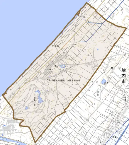 村松浜とその周辺の地図。町の範囲を重ねている