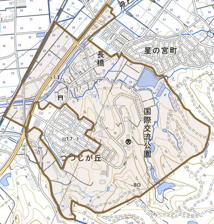長橋とその周辺の地図。町の範囲を重ねている