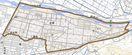 並槻とその周辺の地図。町の範囲を重ねている