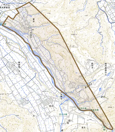 夏井とその周辺の地図。町の範囲を重ねている