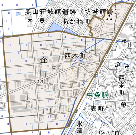 西本町とその周辺の地図。町の範囲を重ねている
