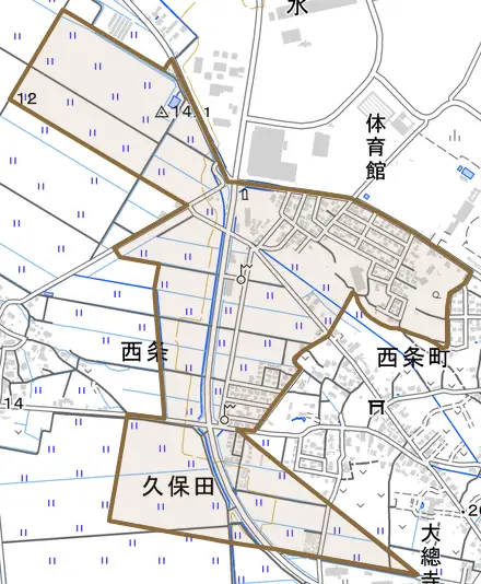西条とその周辺の地図。町の範囲を重ねている