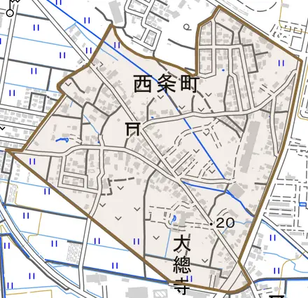 西条町とその周辺の地図。町の範囲を重ねている