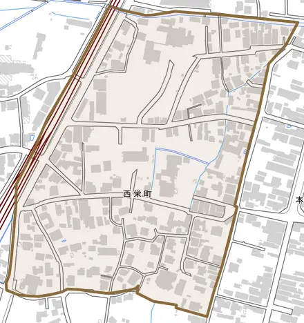 西栄町とその周辺の地図。町の範囲を重ねている
