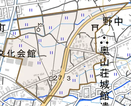 野中とその周辺の地図。町の範囲を重ねている