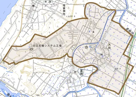 大出とその周辺の地図。町の範囲を重ねている